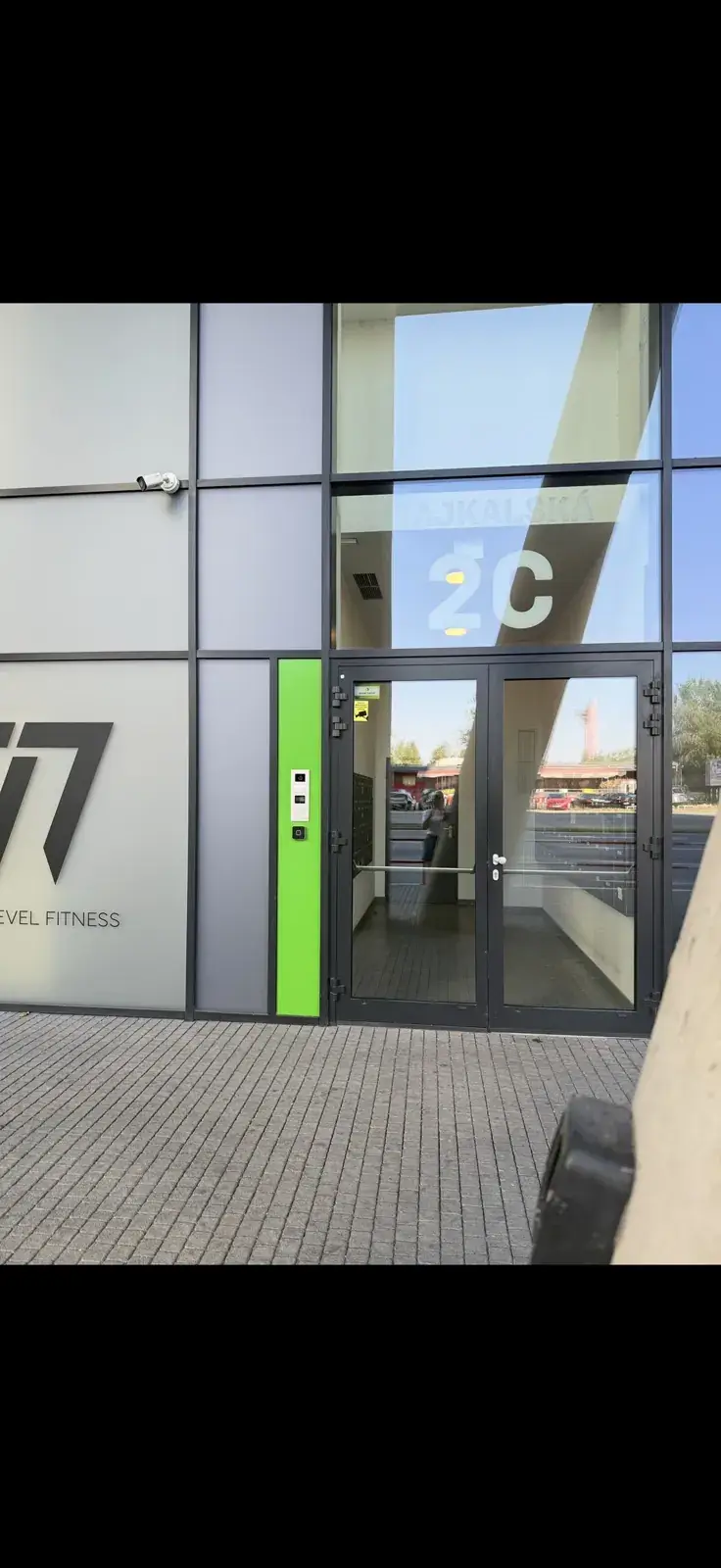 Our entrance marked 2C at Bajkalská, with 77 Fitness next to it