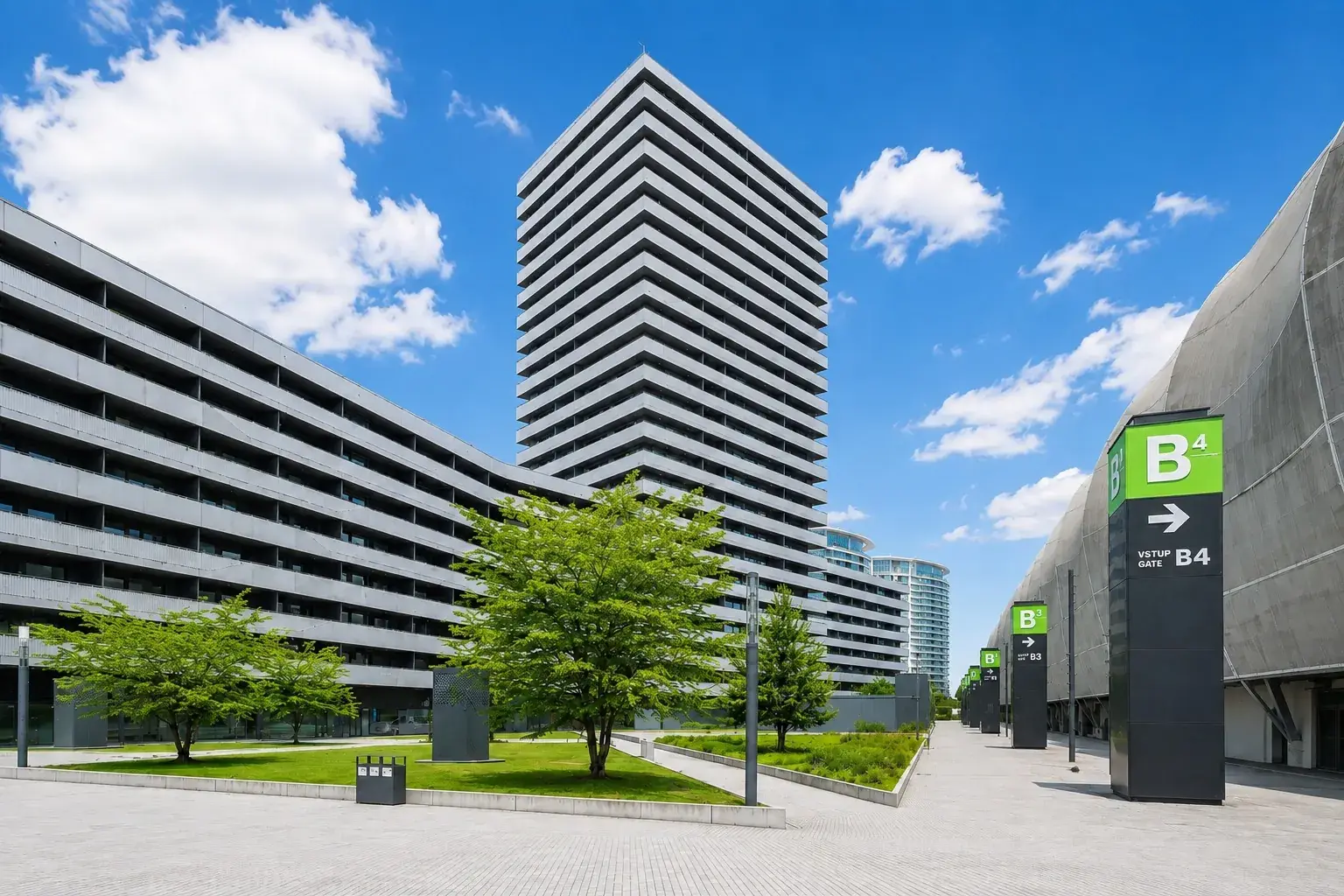 Courtyard of the Tehelko complex with the residential tower