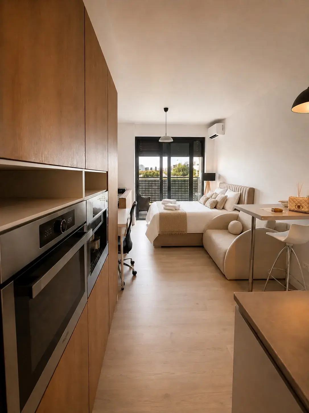 Kitchen wall and living space of Brick with the balcony door