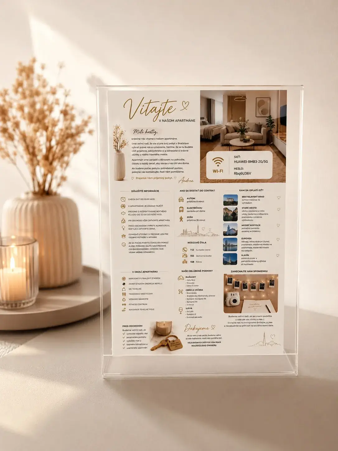 Welcome card with information about the apartment