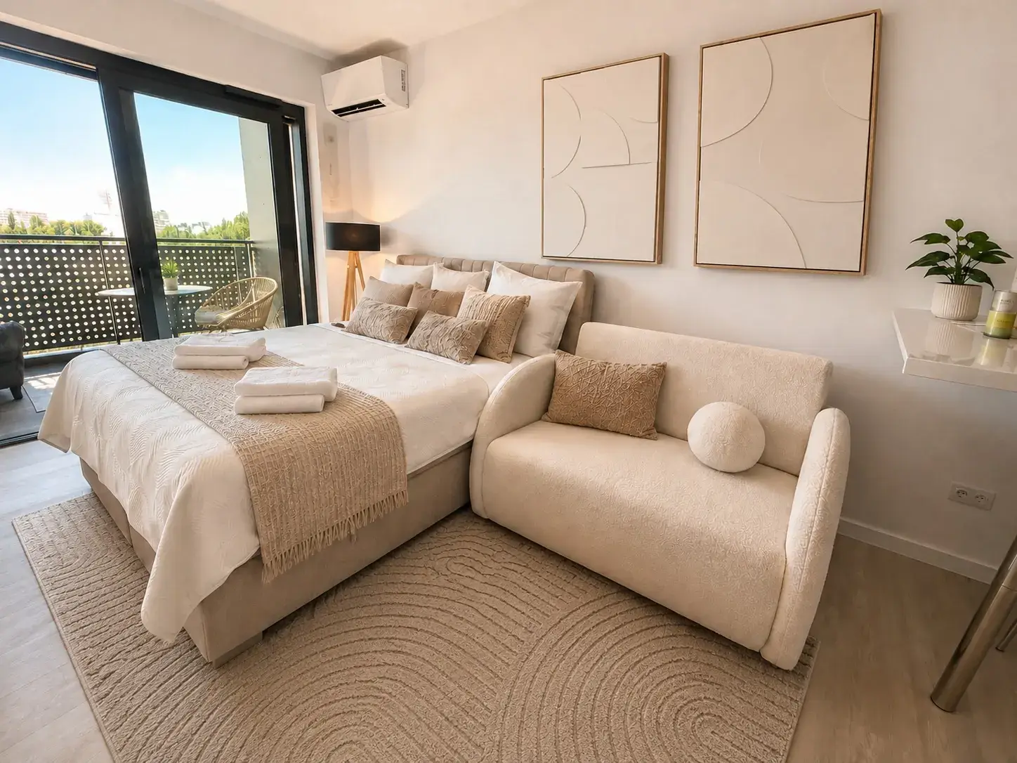 Double bed and sofa bed in the living area of Brick