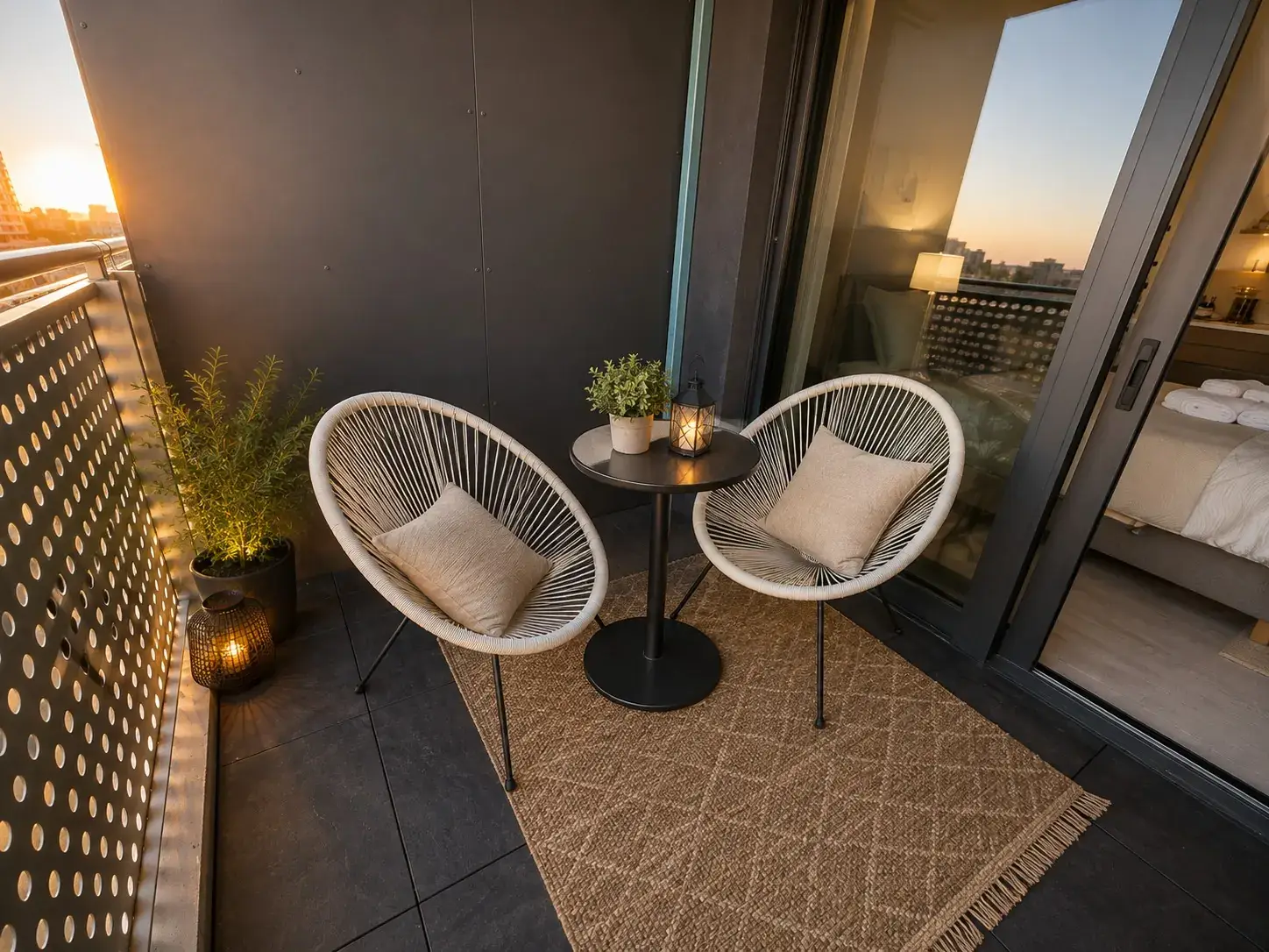 Balcony with two chairs and a small table